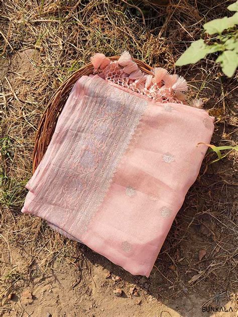 Shop Peach Pure Khaddi Chiffon Banarasi Silver Zari Handloom Saree ...