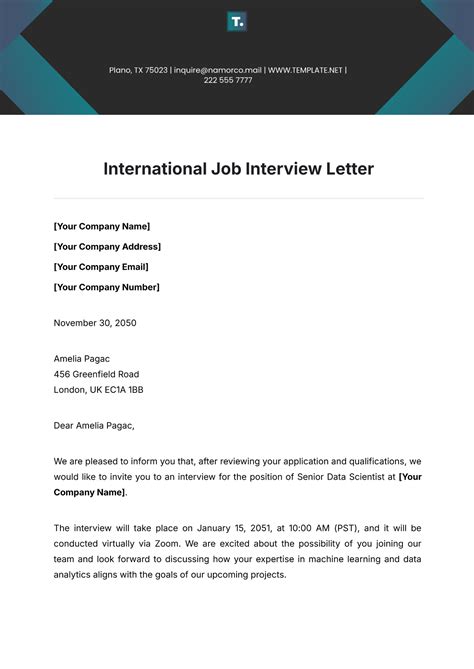 Free International Job Interview Letter Template to Edit Online