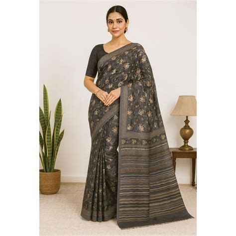 Purple Linen Floral embroidered Printed Saree – My Store