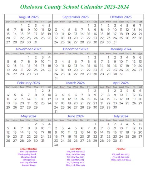 Okaloosa County School Calendar 2023-2024 - My School District Calendar