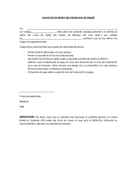 Solct. DE Retiro DEL Programa DE Inglés 2024-1 CP2 - SOLICITUD DE ...