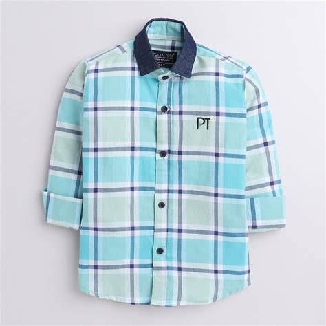 Polka Tots full sleeves checks shirt with denim collar denim elbow pat ...