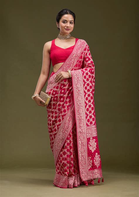 Buy Rani Pink Zariwork (Gold) Silk Saree - Koskii