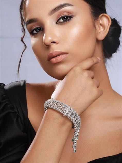 Priyaasi Green Stone Leaf Flowers American Diamond Silver-Plated Brace