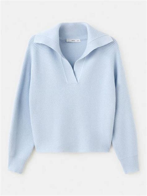 Mango Open Collar Textured Jumper, Sky Blue