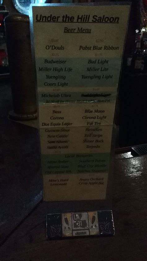 Menu at Under-the-Hill Saloon pub & bar, Natchez