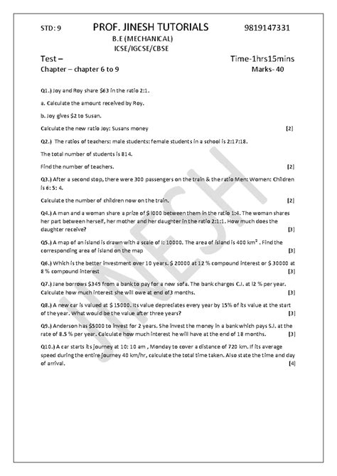 B.E (MECHANICAL) Maths Practice Test: Chapters 6-9 Questions - Studocu