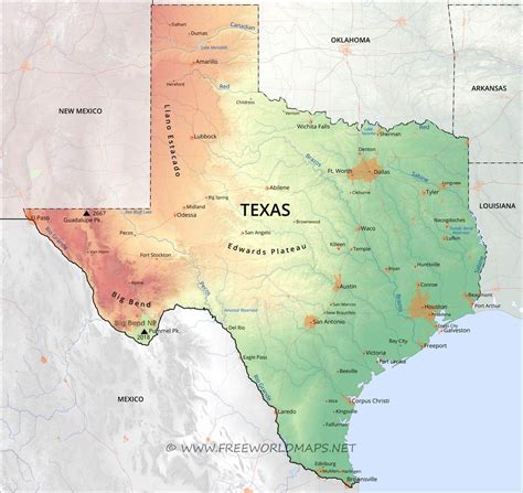 Physical map of Texas
