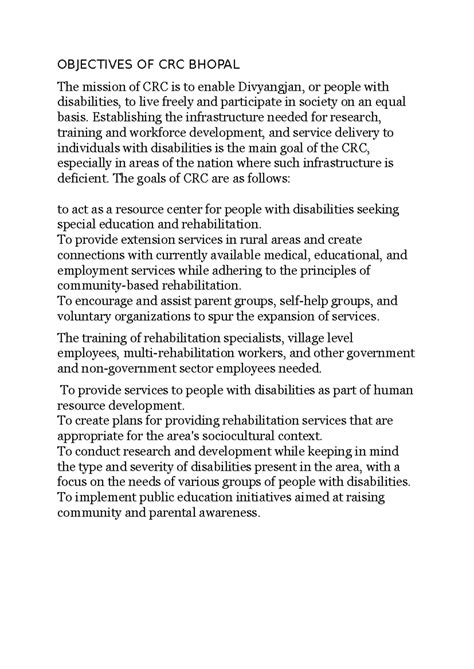 Objectives of CRC Bhopal (CRC VIST) - Part 2 Overview - Studocu