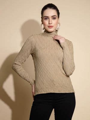 Buy Global Republic Khaki Self Design High Neck Top Online