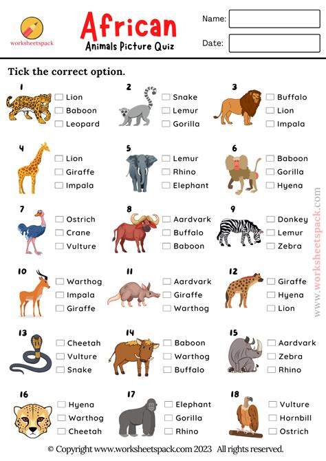 Animal Quiz, Free Printable Animal Picture Test - worksheetspack ...