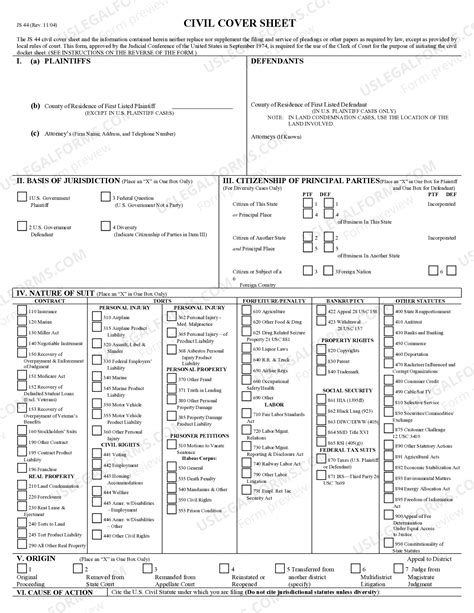 Hawaii JS-44 Civil Cover Sheet - Federal District Court | US Legal Forms