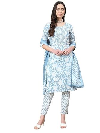 Buy YUFTA Blue Cotton Floral Print Kurta Set Dupatta with Embroidery ...