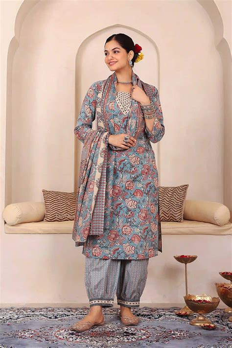 Light Blue Floral Printed Kurta Set with Dupatta – Gulab Chand Trends