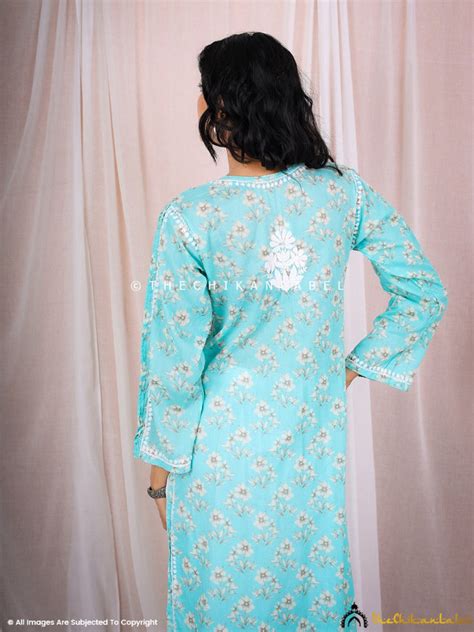 Blue Chikankari Printed Kurti | The Chikan Label