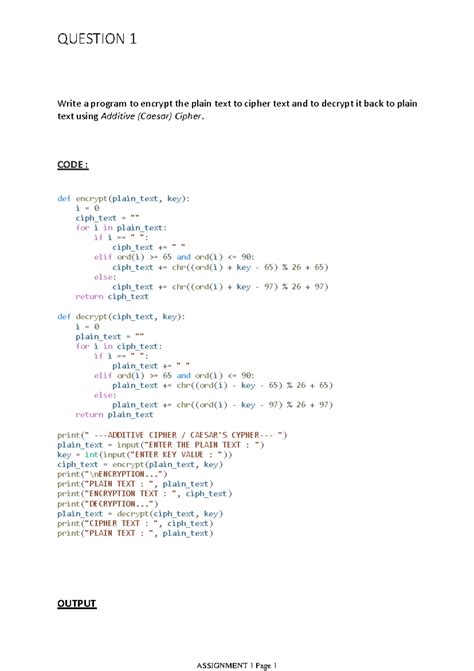 Assignment 1 - Write a program to encrypt the plain text to cipher text ...