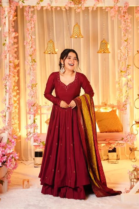 Poorvi Maroon Embroidery Chinon Silk Anarkali Suit Set