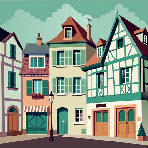 Pastel green and dark brown building with white windows and door beside ...