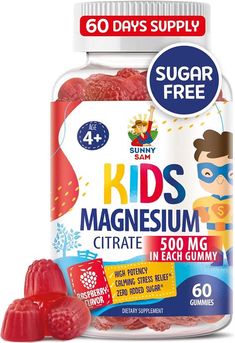 SUNNY SAM- “Gomitas de Magnesio Sin Azúcar para Niños y Adolescentes 500mg Gomitas Tranquilas de ...