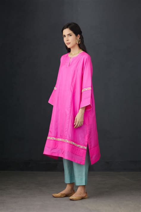 Buy - Brih rose aqua hand embroidered silk organza tunic trouser set ...