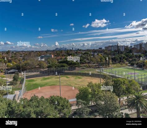Pan Pacific Park Recreation Center with downtown Los Angeles in the ...