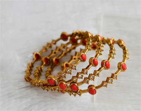 Antique gold tone cz-coral oval stone set of 4 bangles(2.6) dj-49989 ...