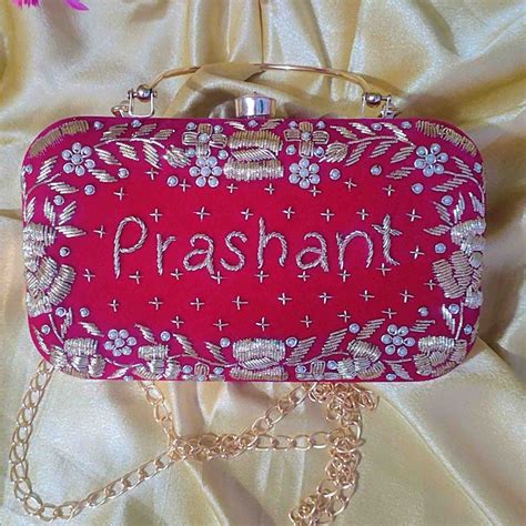 Customized Pink Embroidery Clutch with Gold Accents | Anam Clutches