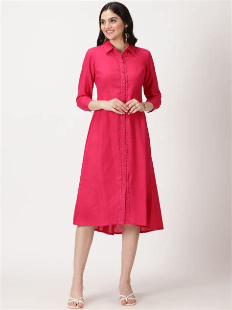 Fuchsia Lace Placket Midi Shirt Dress – Saffron Threads