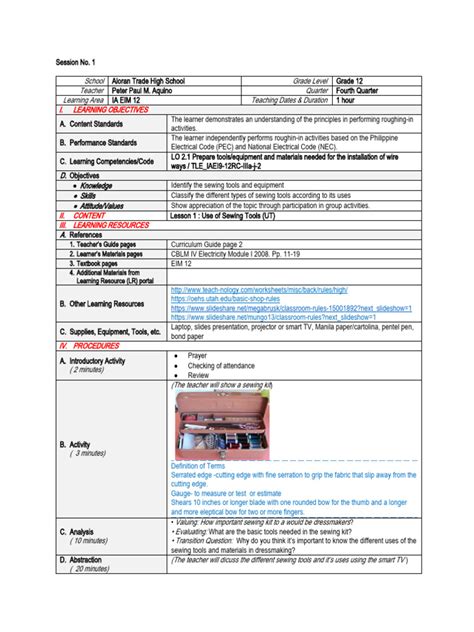 Image result for Sample Lesson Plan Dressmaking