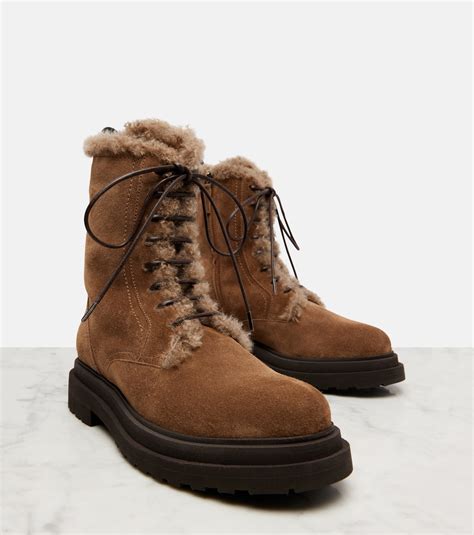 Monili shearling-lined suede combat boots in brown - Brunello Cucinelli ...