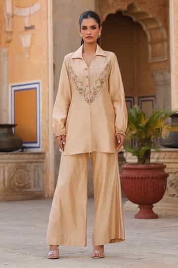Buy Ivory Pure Cotton, Silk Embroidery Collared Pintucked Shirt And ...