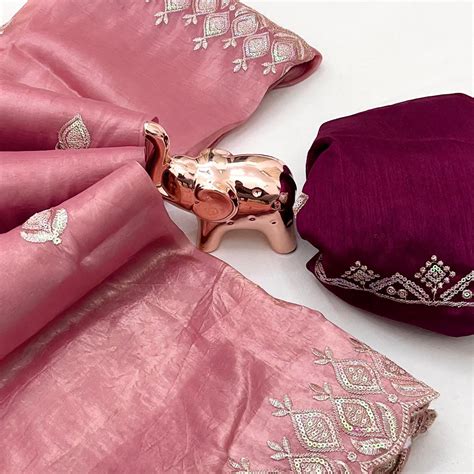 Pink Floral Sequins Embroidered Fancy Fabrics Crush Saree