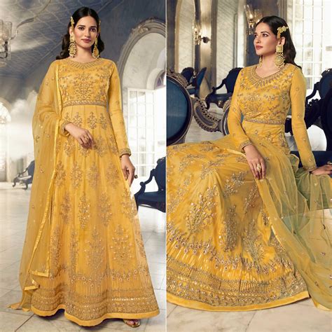 Yellow Embroidered Netted Anarkali Style Gown