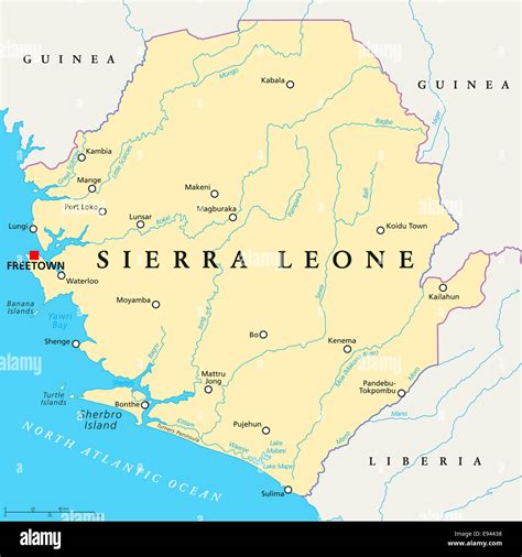 Sierra Leone Political Map with capital Freetown, national borders, important cities, rivers and ...