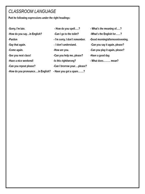 Classroom Language Worksheet 的图像结果
