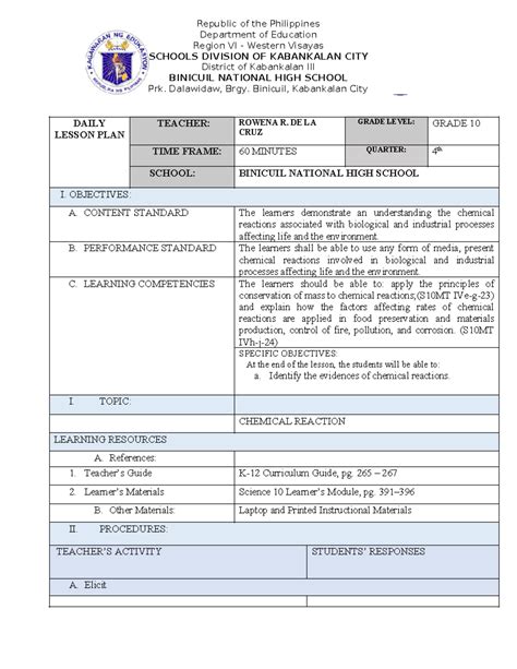 Image result for Chemical Reaction Lesson Plan
