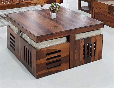 INDIGO INTERIORS Sheesham Wood Coffee Table with 4 Stools for Living ...