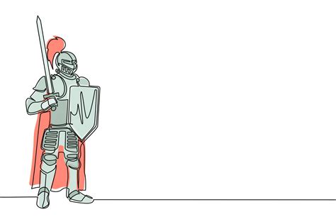 Single continuous line drawing medieval knight standing in armor and ...