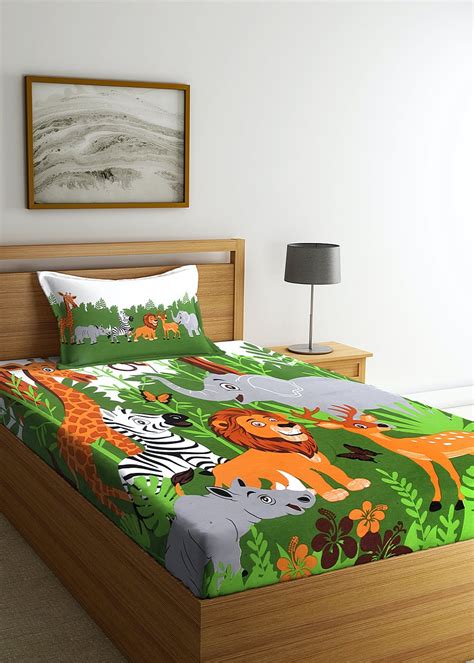 Get Jungle Theme 180 Thread Count Single Bed Sheet with One Pillow ...