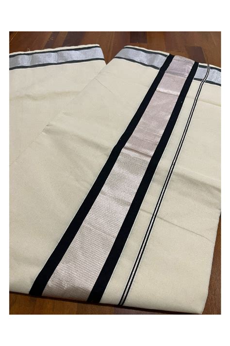 Kerala Pure Cotton Plain Saree with Silver Kasavu and Black Border ...