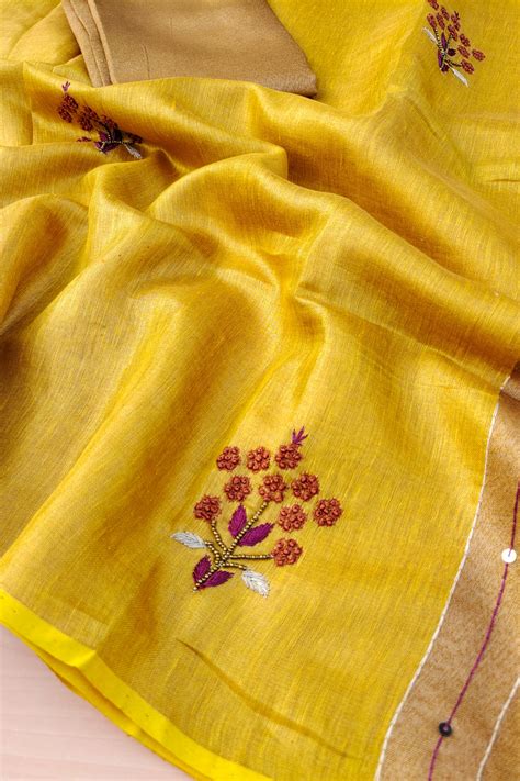 Emma - Organic Zari Linen French Knot Saree | Linen World – LINEN WORLD