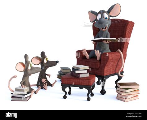 3D rendering of cute smiling cartoon mouse sitting in cosy armchair ...