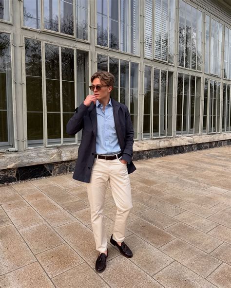 Navy Jacket with Pale Blue Shirt and Cream Chinos | Hockerty