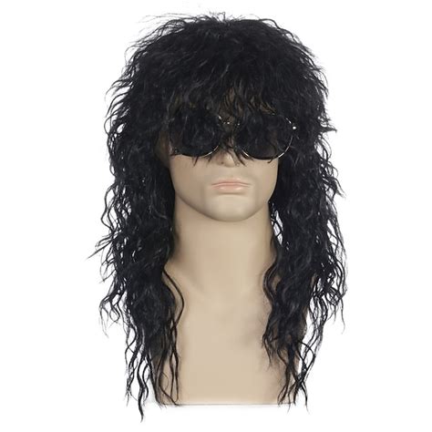 70s 80s Rocker Metal Wig Mens Long Curly Black Party Wig Carnival ...