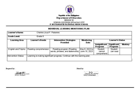 Image result for Individual Learning Monitoring Plan Sample
