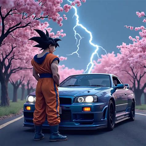 Goku and Nisan GTR R34 Under Sakura Blossoms in Japan