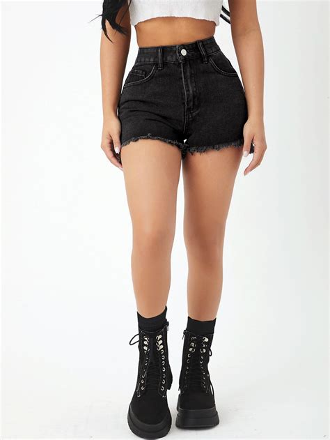 Botão Bolso Raw Hem Zíper Simples Short Jeans | Denim shorts, Black ...