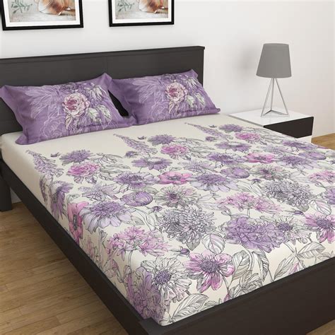 Buy Summer Palace Purple Printed Cotton Double Bedsheet Set - 3Pcs ...