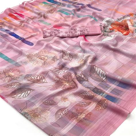 Pink Contemporary Floral Digital Printed Silk Blend Saree With Texture
