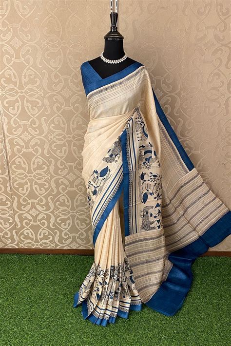 Offwhite Blue Tussar Madhubani Printed Saree With Blouse Piece ...